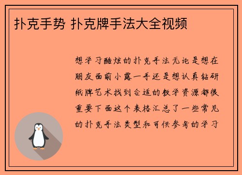 扑克手势 扑克牌手法大全视频